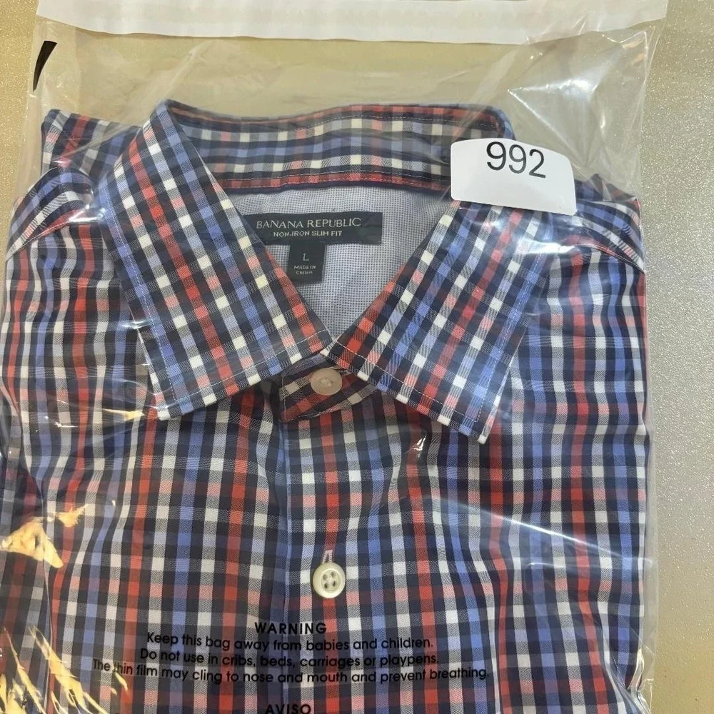 Banana Republic Non-Iron Slim Fit Plaid Shirt Mens Large Blue Red Cotton Preppy